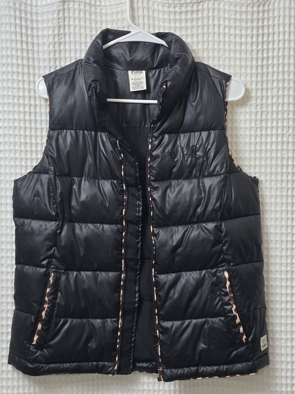 PINK Victoria's Secret Black Quilted Puffer Vest with Leopard Print Trim- Small